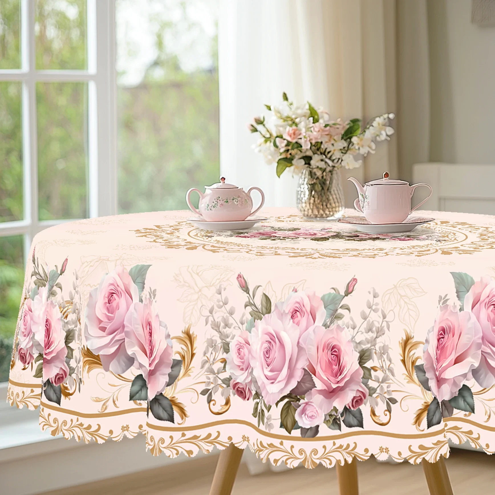 1 Piece of Spring Floral Round Tablecloth, Available in Various Sizes, with a Soft Base Color and Elegant Prints of Pink-Toned Roses and Fine Floral Clusters, Paired with a Circular Decorative Tablecloth Featuring Gold-Edged Vine Patterns, with Embossed Edges, Offering a Gentle and Fresh Style, Perfect for Spring Table Decorations, Suitable for Everyday Use in the Home Kitchen, Terrace, or for Picnics, Spring Decoration, Home Decor, and as a Gentle Accent for Spring and Summer Homes