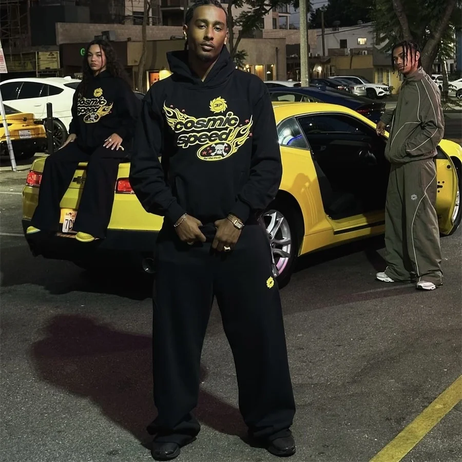 

Спортивный повседневный комплект Ins со вспененным принтом, осень-зима, толстовка с капюшоном на подкладке, длинные брюки, молодежная уличная одежда, удобный костюм Faion