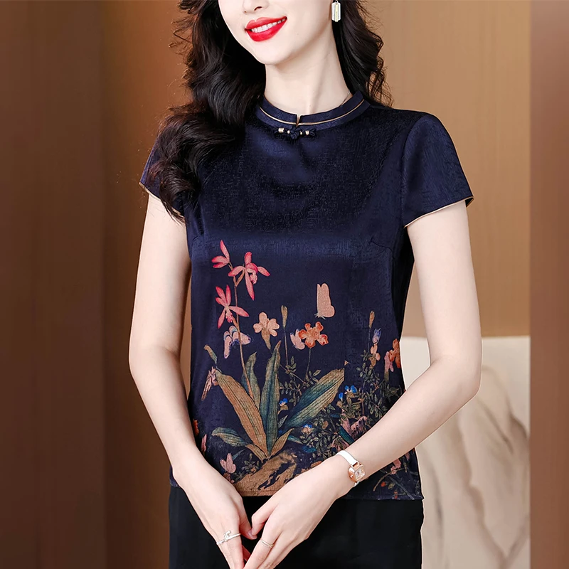 Seda ort sve camiseta feminina verão nova impressão high-end fibra de poliéster seda da mãe pequena irt marca chinesa