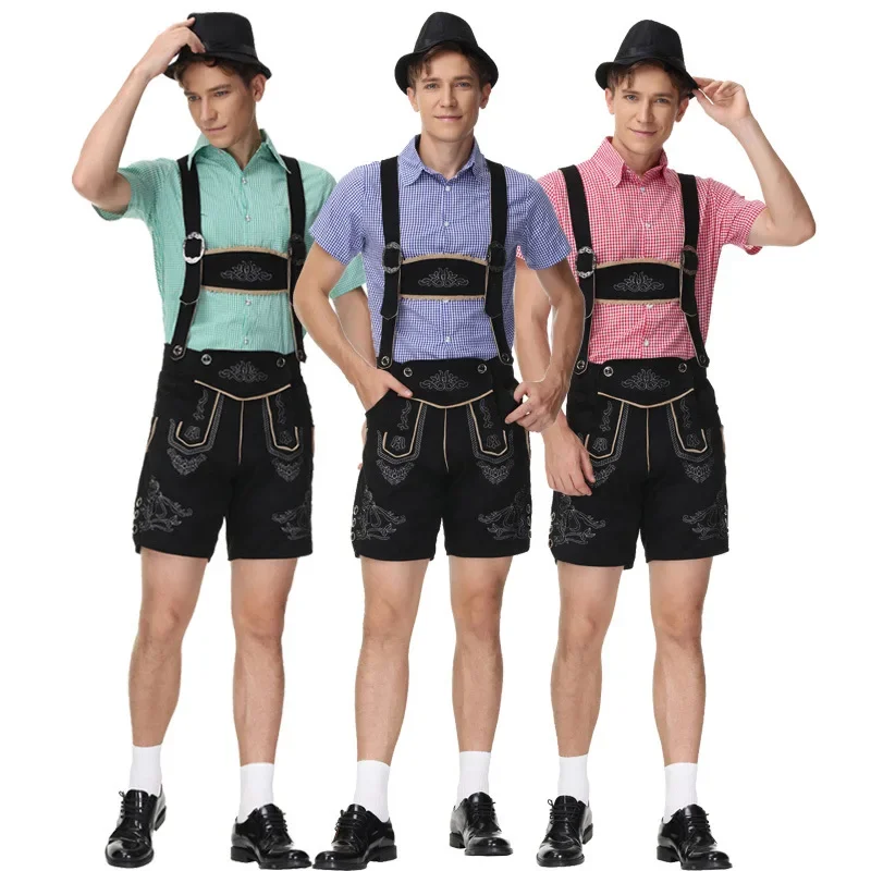 Lederhosen Suspenders Costume for Men Shirt Hat Set German Oktoberfest Bavarian Costume Cosplay Halloween Fancy Party Outfit