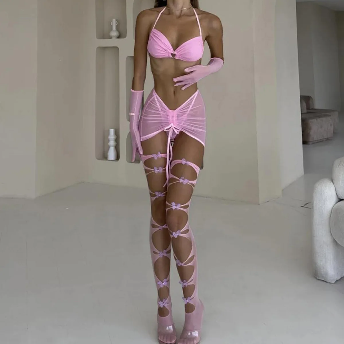Sexy Hollow Mesh Seductive Suit Sexy Pink Elegant Halter Neck Underwear Five-piece Set