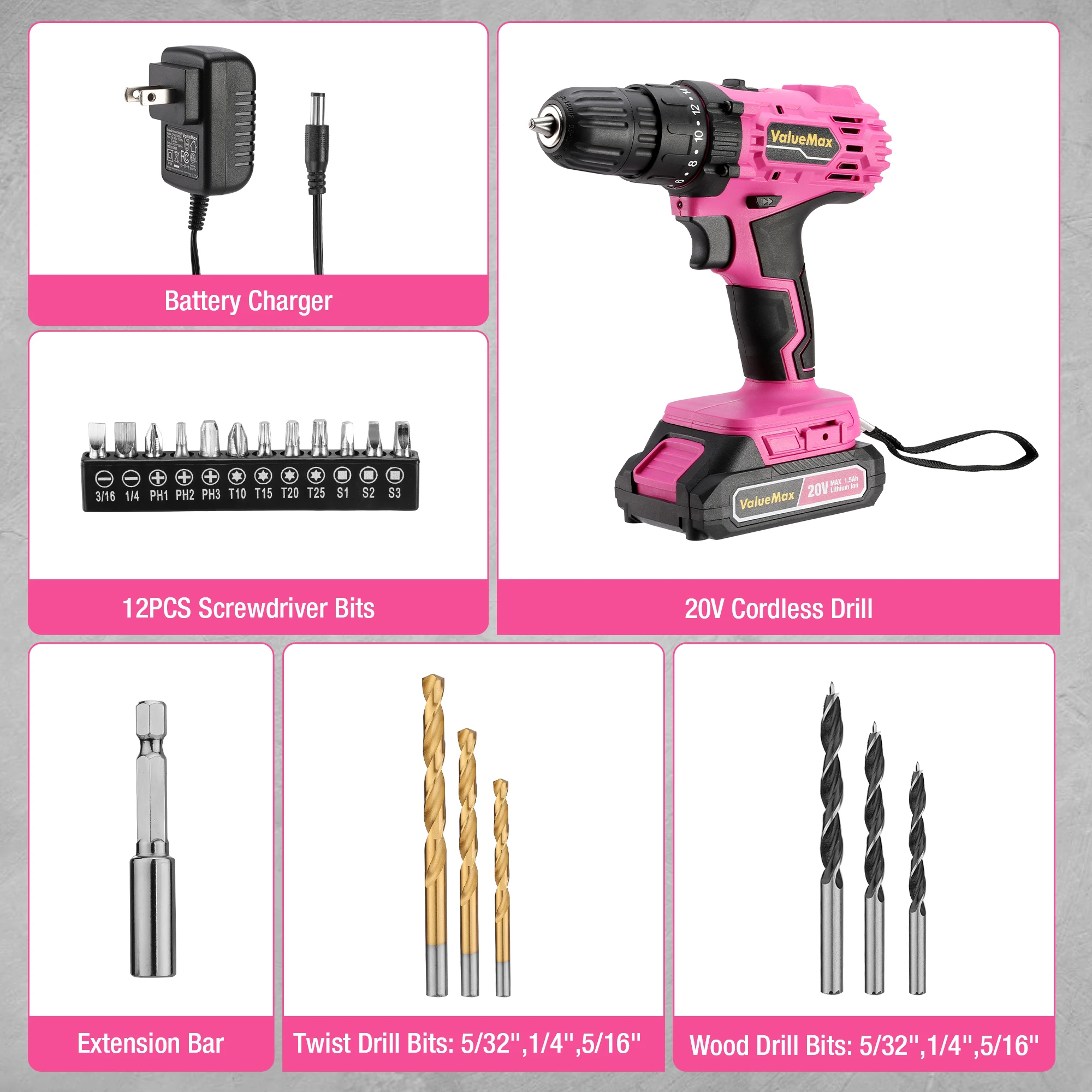 ValueMax Pink Cordless Drill Set, 20V Lithium-ion Power Drill Set with LED Light and Magnetic Holder, 3/8-Inch Keyless Chuck, 18