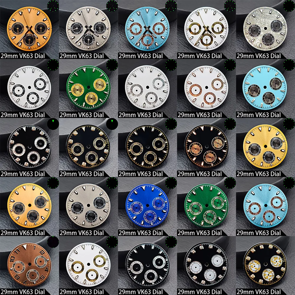 Hochwertiges 29mm VK63 Uhrenzifferblatt Grün Leuchtend 6 Zeiger Chronograph-Zifferblatt Passend für VK63 Quarzwerk 39mm Uhrengehäuse Herrenuhr Zubehör – Detail 1