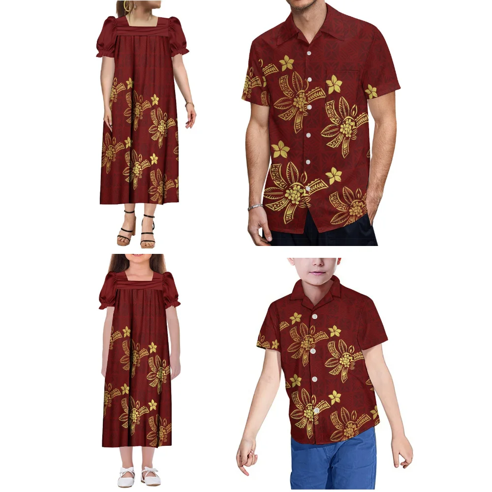 Sommer-Familien-Set, polynesisches Stammesmuster, individuelles Mutter-Tochter-Mumu-Kleid, lässiges Vater-Sohn-Freizeithemd-Oberteil