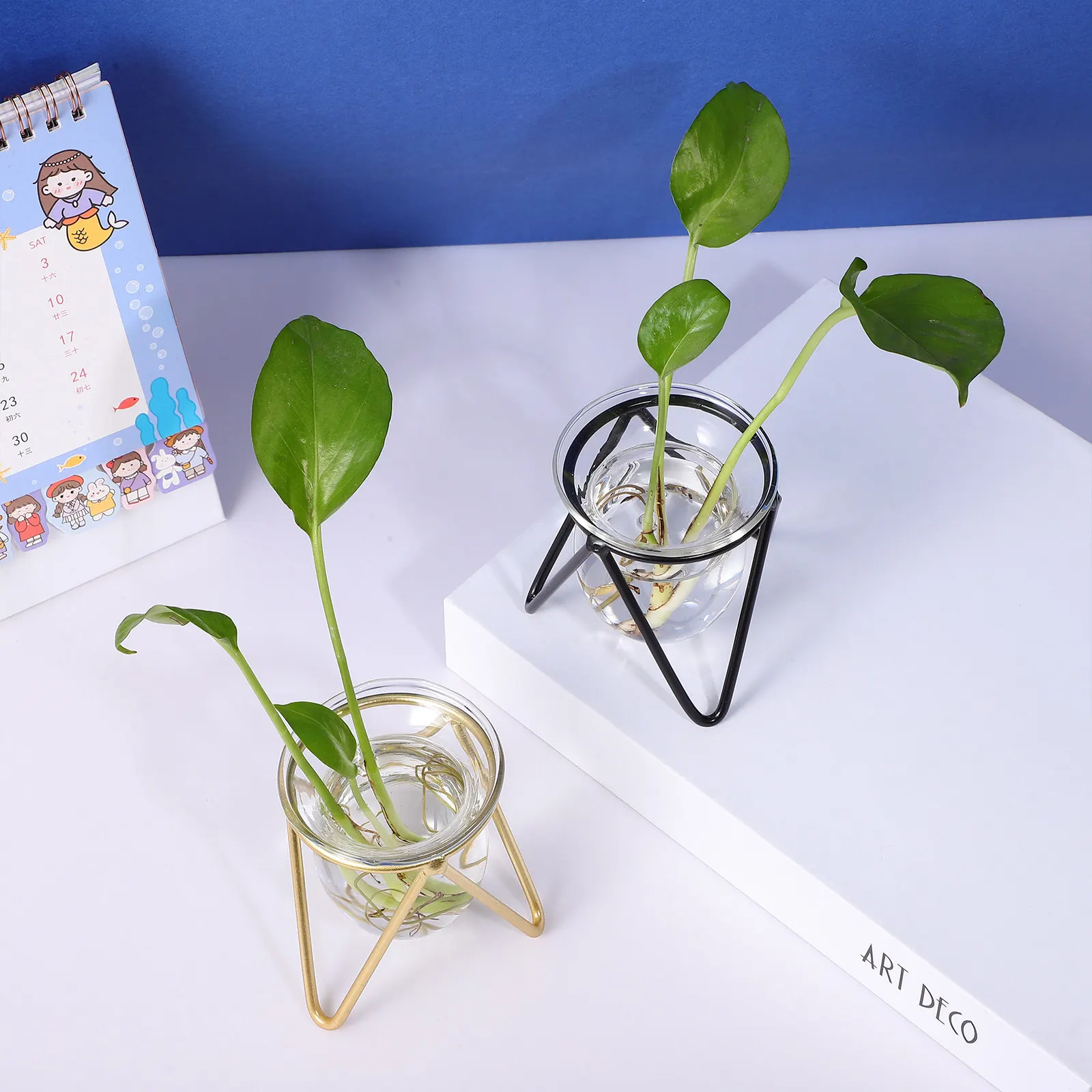 

2 шт. прозрачные стеклянные вазы для гидропоники, контейнеры для хранения зелени, металлическая подставка, настольный цветочный горшок, декор для дома