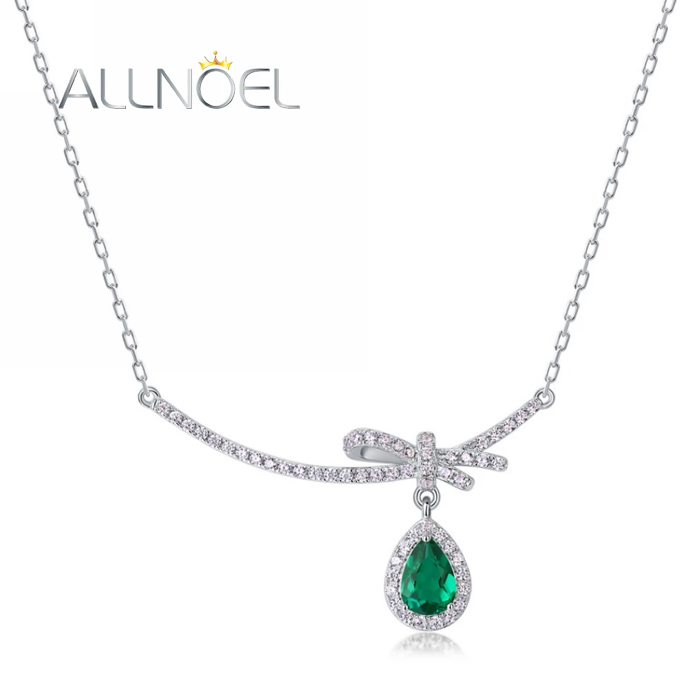 ALLNOEL 925 Sterling Silver Necklace For Women Water Drop 7*5mm 0.53CT Lab Created Emerald Bow Elegant Lovely Fine Jewelry Gifts