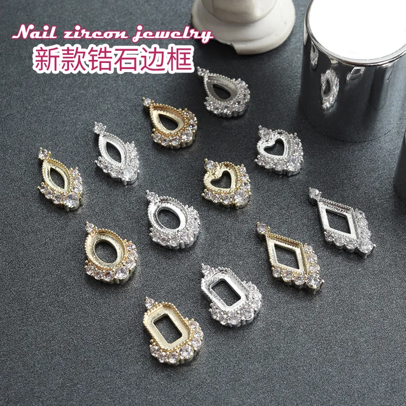 5Pcs Gold/Silver Flatback Frames Design Charms For Nails Shiny Zircon Luxury Hollow Frames DIY Charms Jewelry For Nail Supplies