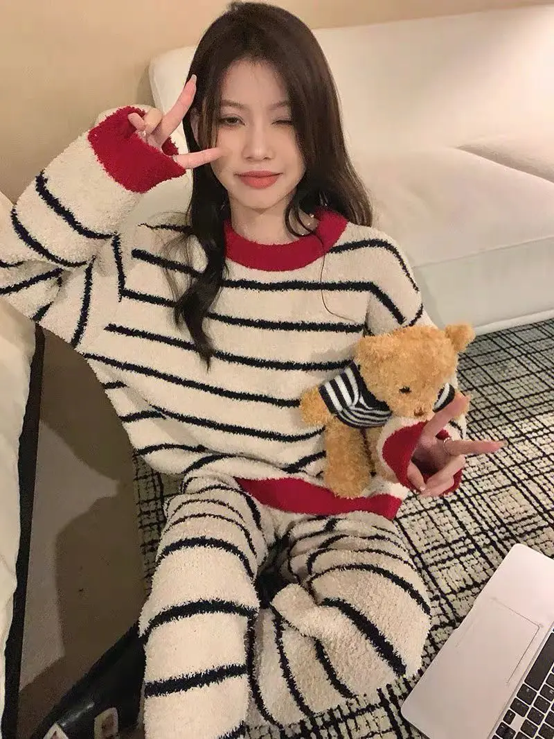 Pajamas Women Winter Coral Velvet Striped Thickened Casual Girls Homewear Cute Sweet Sleepwear