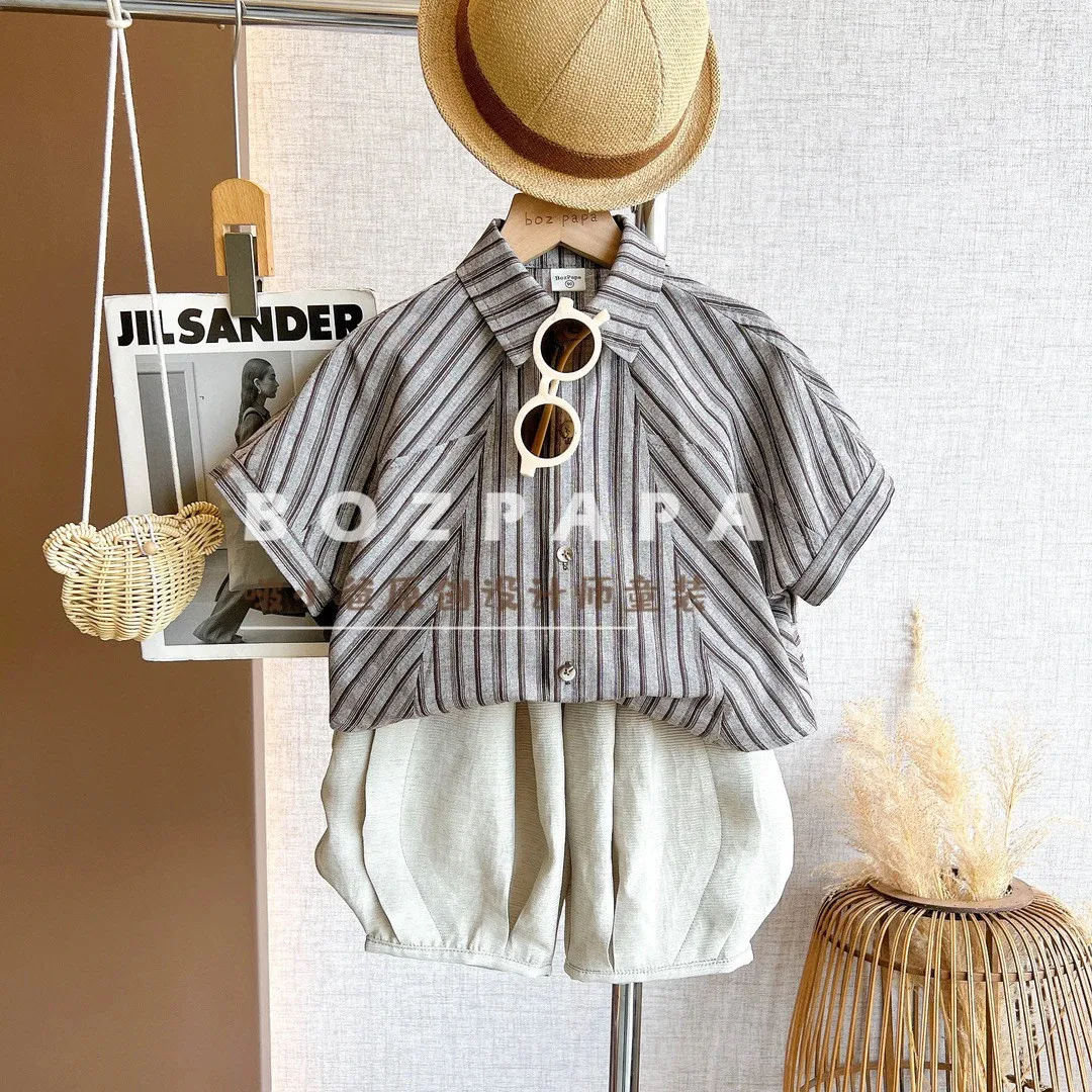 

Children's Summer Set Fashion New Boys' Casual Striped Collar Shirt+Shorts 2-piece Set