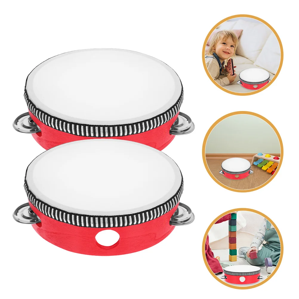 2 Pcs Red 6 Inch Wooden Tambourines Handheld Bell Drum Musical Instrument for Kids Adults Portable Percussion Toy