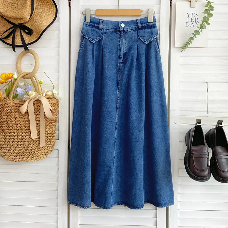 

Модная женская джинсовая юбка миди с высокой талией в стиле ретро, новинка весна-лето 2026, свободная А-образная юбка-клеш, ковбойская юбка миди