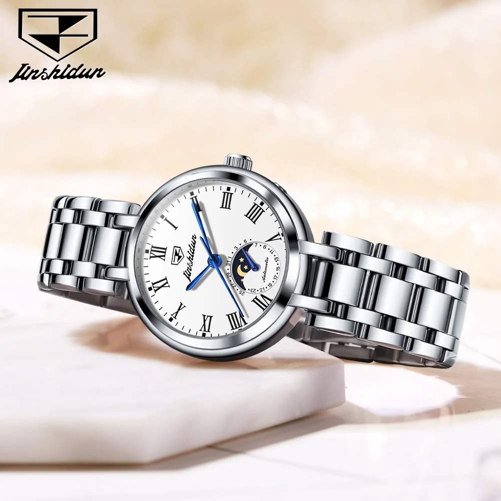 JSUDN 8981 Moonphase Women Mechanical Watch Original Solid Bracelet Luxury All Automatic Watch Elegant Roman Scale Ladies Watch