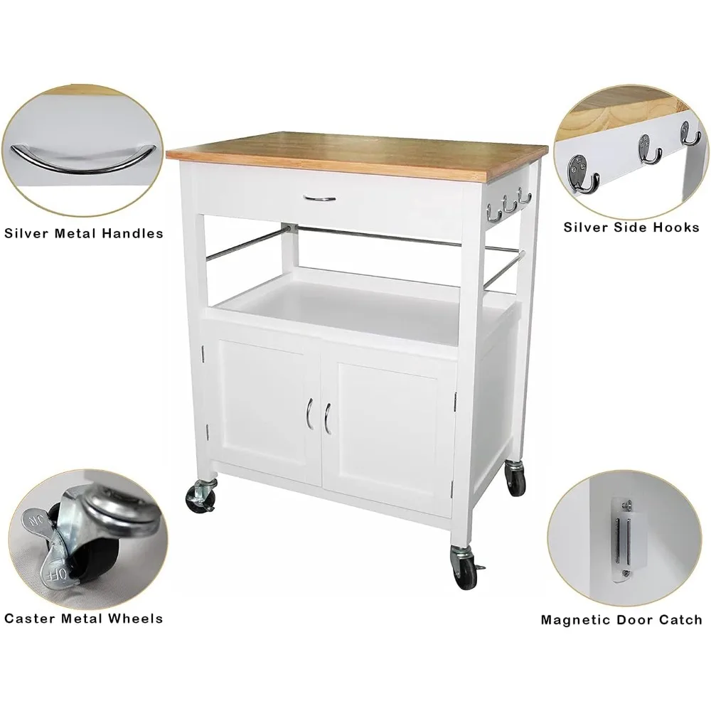 عربة جزيرة المطبخ مع سطح من الخيزران ودرج وخزانة تخزين وعجلات باللون الأبيض #4
