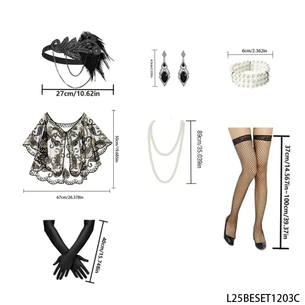 PESENAR – ensemble de déguisement de fête Vintage, bandeau à plumes, bijoux en perles, gants longs noirs, Style magnifique