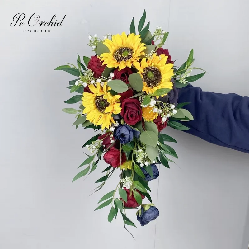 

PEORCHID каскадный букет подсолнечника для свадьбы водопад свадебный букет бордовый темно-синий бохо каплевидный букет Fleur Mariage