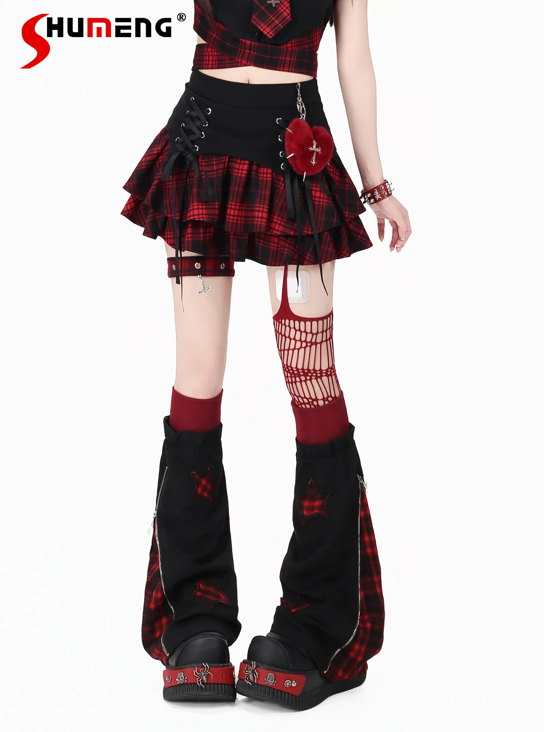 

Original Japanese Subculture Sweet Cool Girl's Y2K Top Skirt High Waist Lace-up Slim Plaid Stitching Versatile Mini Skirts Woman