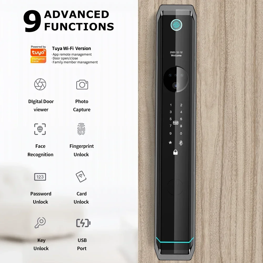 full automatic  3D face ID recognition digital door cerradura keyless  fingerprint electric Tuya wifi app video call smart lock