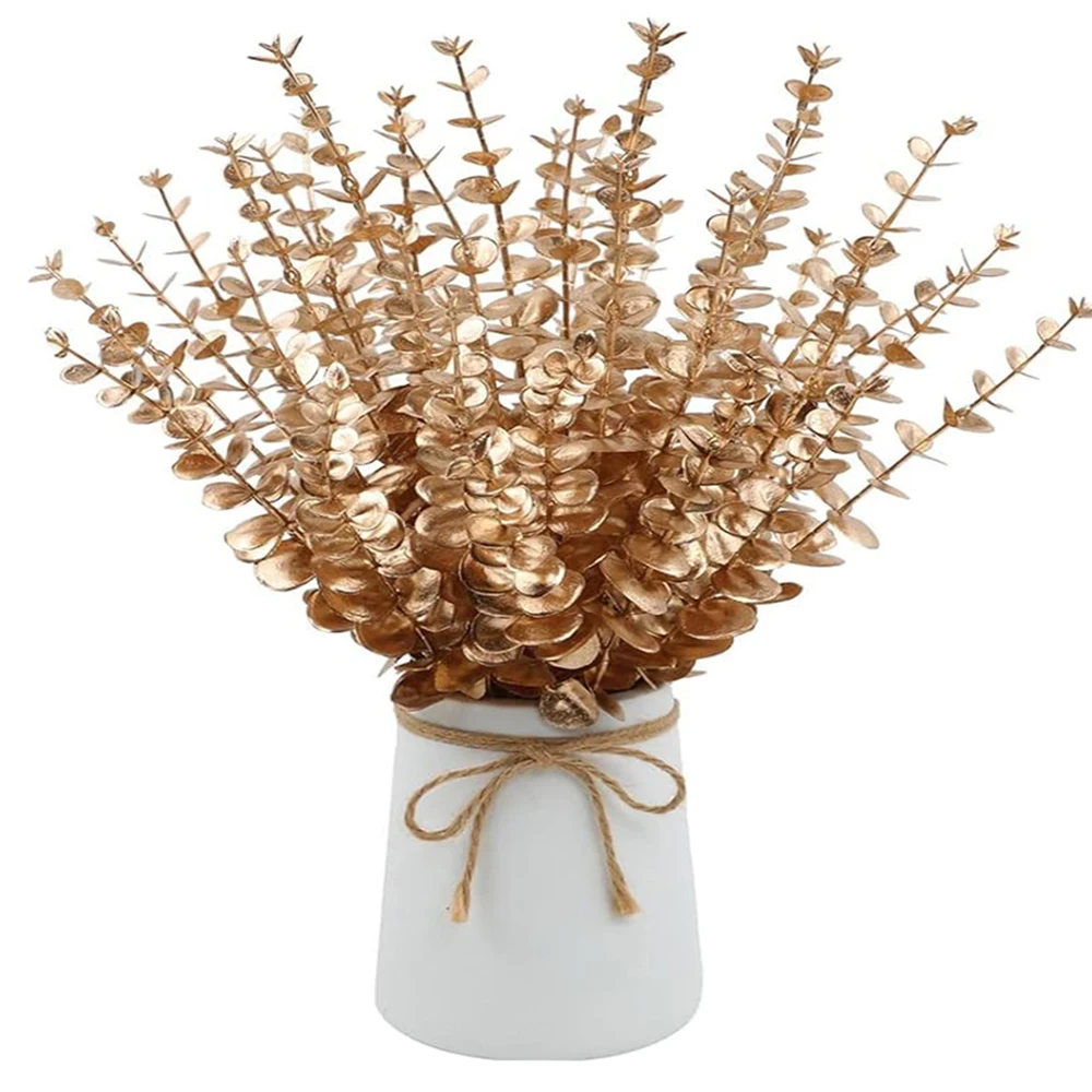 6pcs/Lot Artificial Gold Eucalyptus Branch Stem for Wedding Party Hotel Flower Arrangement Greenery Home Decoration Plants