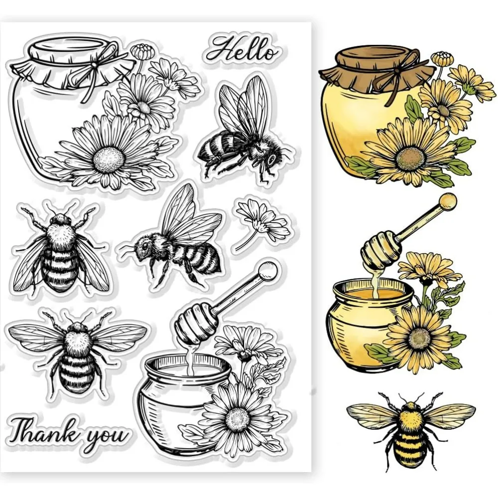 Bees and Honey Jars Clear Stamps for DIY Scrapbooking Daisies Flowers Silicone Clear Stamp Seals Transparent Stamps for Cards