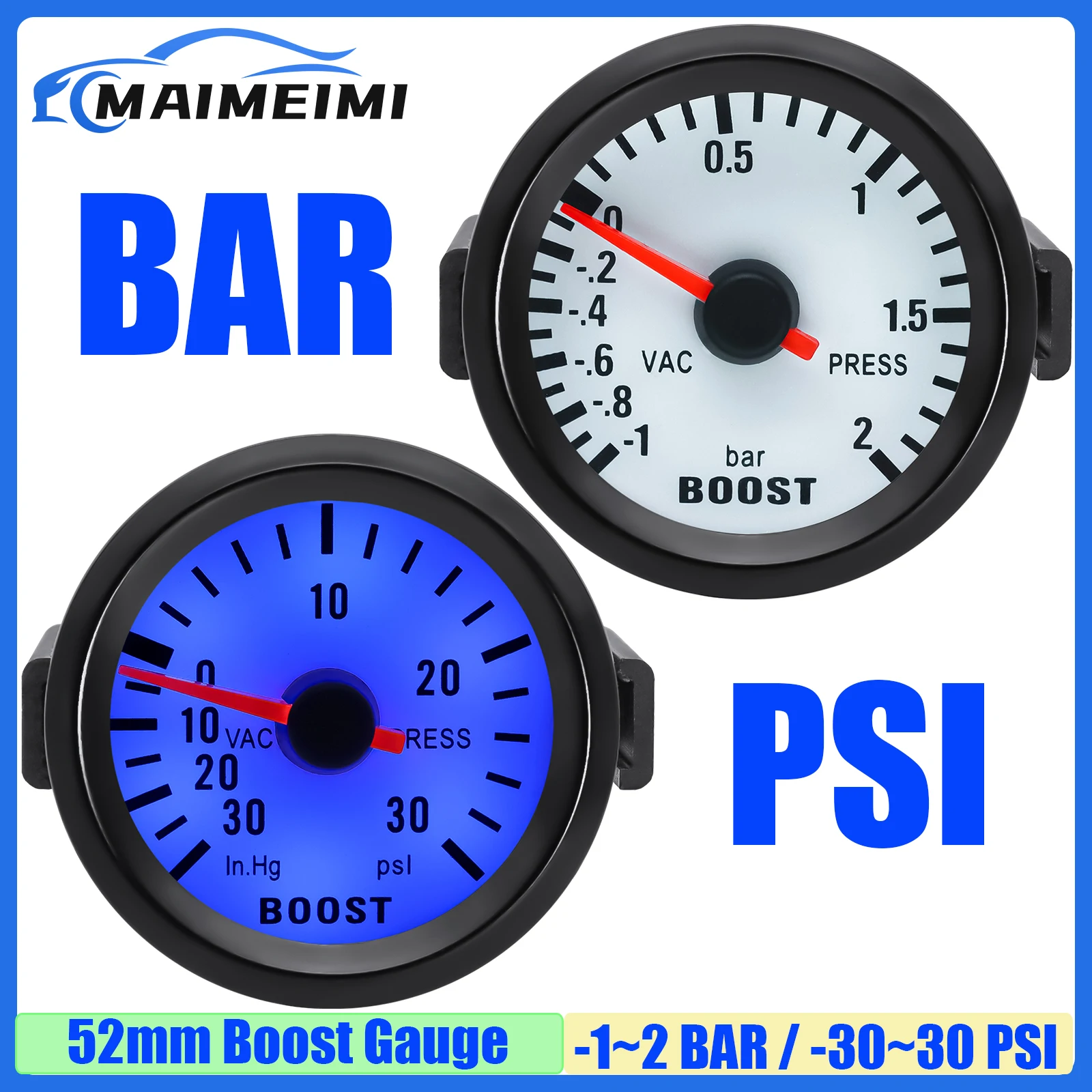 Blue Backlight -1~2Bar -30~30 PSI Boost Gauge with Sensor Automobile Car 52mm Turbo Boost Meter for Gasoline Racing Car 12V