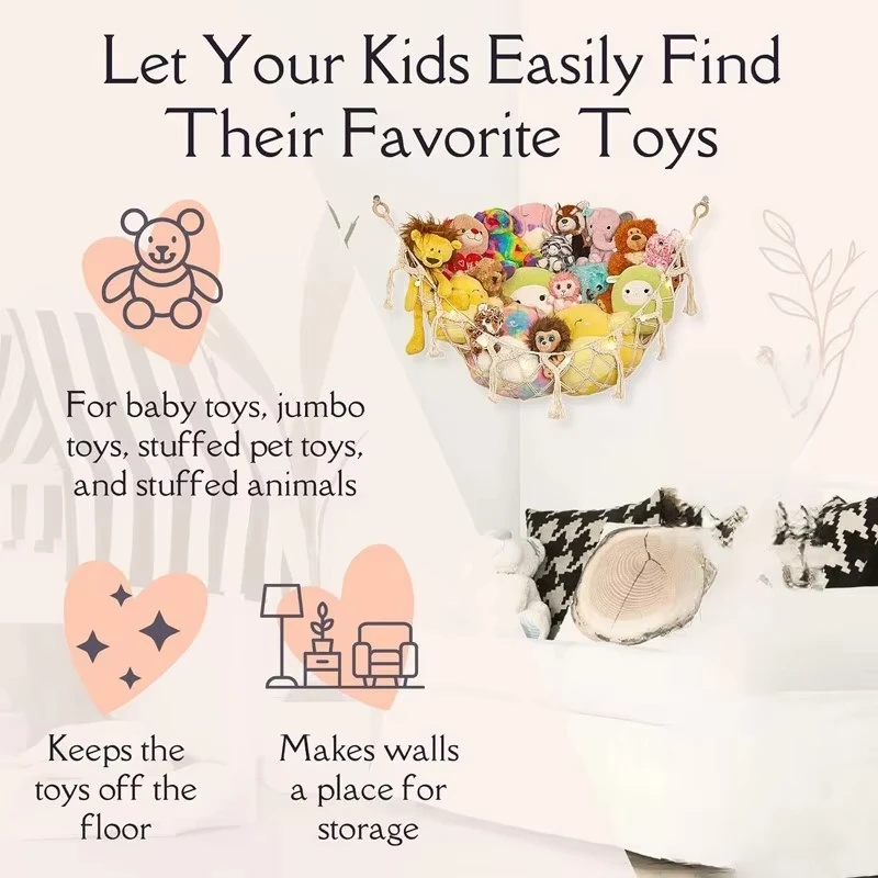 شبكة تخزين ألعاب الزاوية المثلثة - أرجوحة حبل منسوجة يدويًا للحيوانات المحشوة وديكور جدار غرفة النوم ومنظم موفر للمساحة