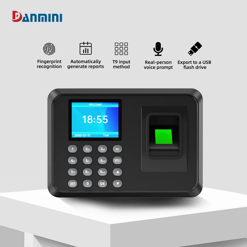 جهاز حضور وانصراف ببصمة الإصبع مقاس 2.4 بوصة يدعم 15 لغة 100000 ساعة في السجلات ووقت حضور الموظف وإدارة بيانات USB