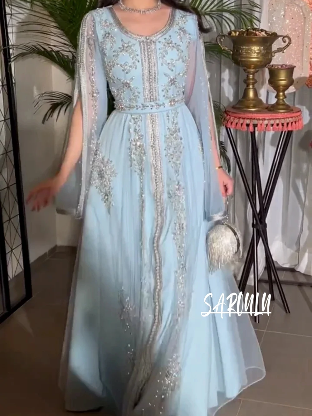 Vestido De noche De alta costura con cuello redondo para mujer, caftán brillante, línea A, elegante, manga casquillo, personalizado, para fiesta De graduación