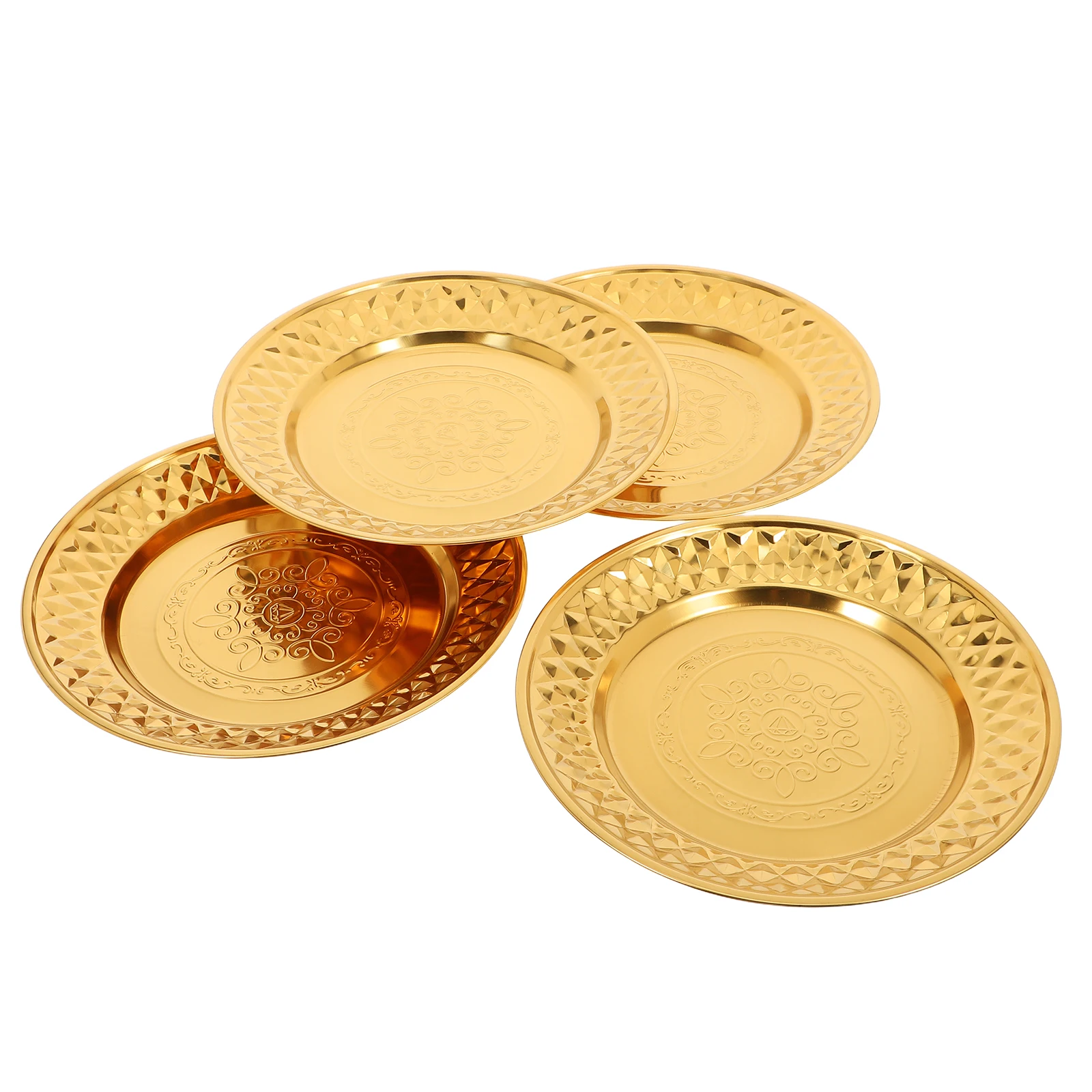 

4pcs 24Cm Vintage Diamond Pattern Plates Stainless Steel Round Plates For Appetizers Fruit Dessert Serving Reusable Tray