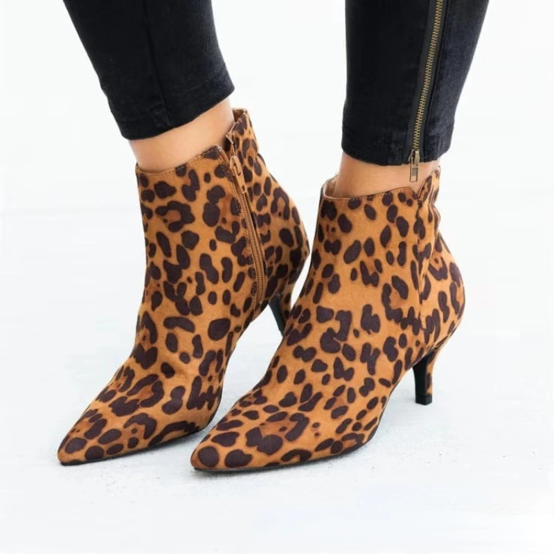 Luxury Women\'s Boots Spring Pointed Toe Stiletto Ankle Boots Fashion Leopard Print Women High heel suede Side Zipper Boots 35-43