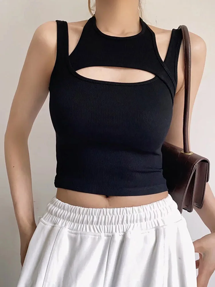 Asymmetrical Crop Top y2k E-girl Hollow Out Knitted Corset Top Sleeveless O Neck Mini Vest Basic Casual Sporty  Summer