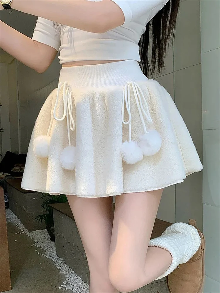 Sweet Preppy Mini Skirt Women Autumn Winter Bow Fluff Ball Patchwork Cute Skirts High Waist Loose Casual Kawaii A Line Skirt New