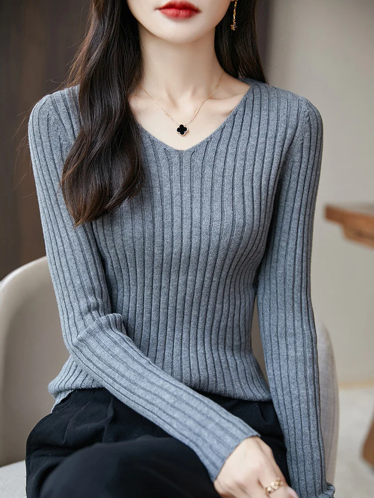 

Slim Fit Long Sve V-Ne Pullover Sweater 00% Pure Cotton Soft Warm Non-Ball Winter New Sle Women's Commute Faion