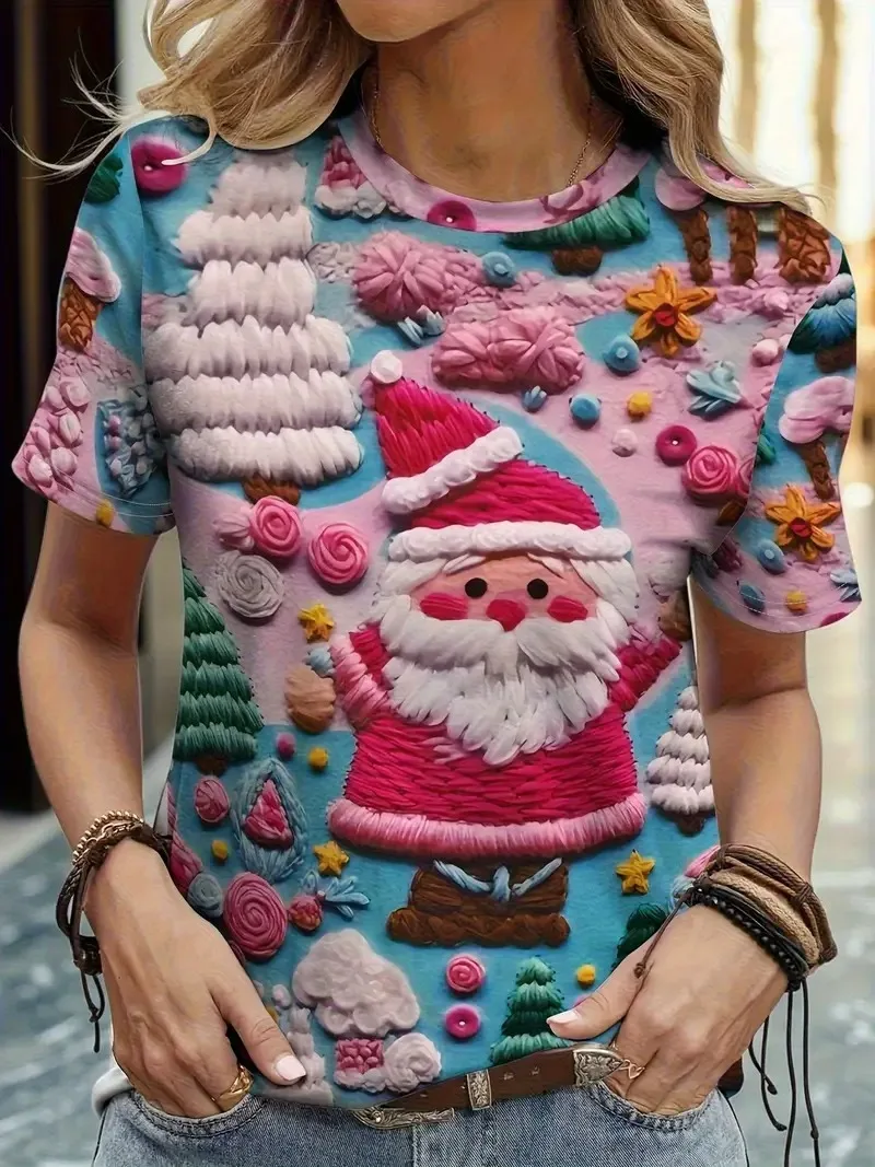 

Christmas Santa Claus and Tree 3D Printed Women's T-shirt Summer Casual Christmas Holiday Gift Short Sleeve Large Women Clothing