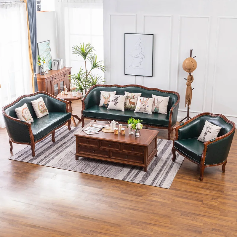 

American rural all-solid wood leather art sofa retro leather fabric European sofa small apartment living room