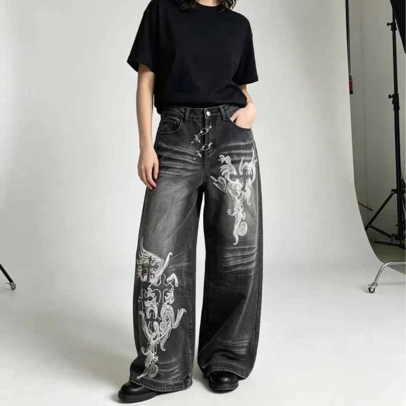 IMU New washed retro streetwear printed loose women jeans y2K Harajuku trendy men and women hip-hop casual couple wide-leg pants