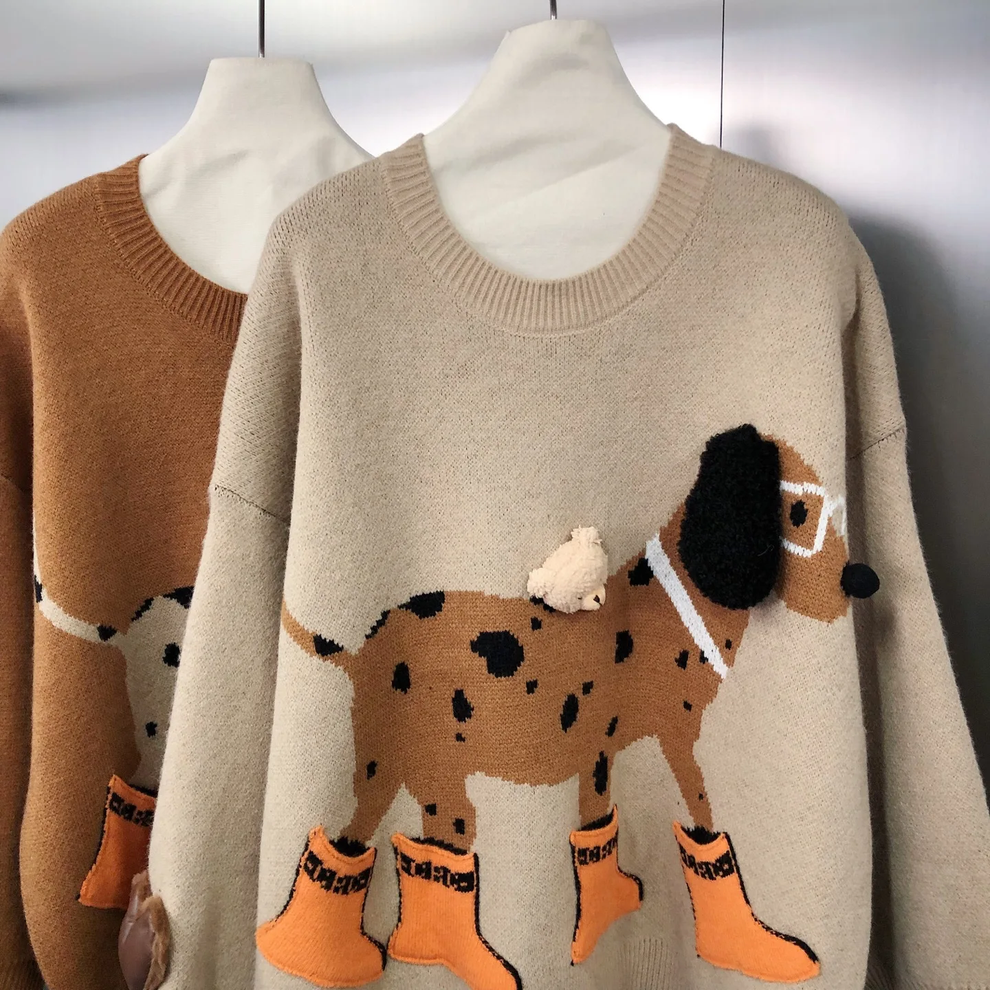 Autumn Winter New American Retro Design Fashion Puppy Jacquard 3D Cartoon Loose Pullover Long Sleeve Sweater Anime Hoodie