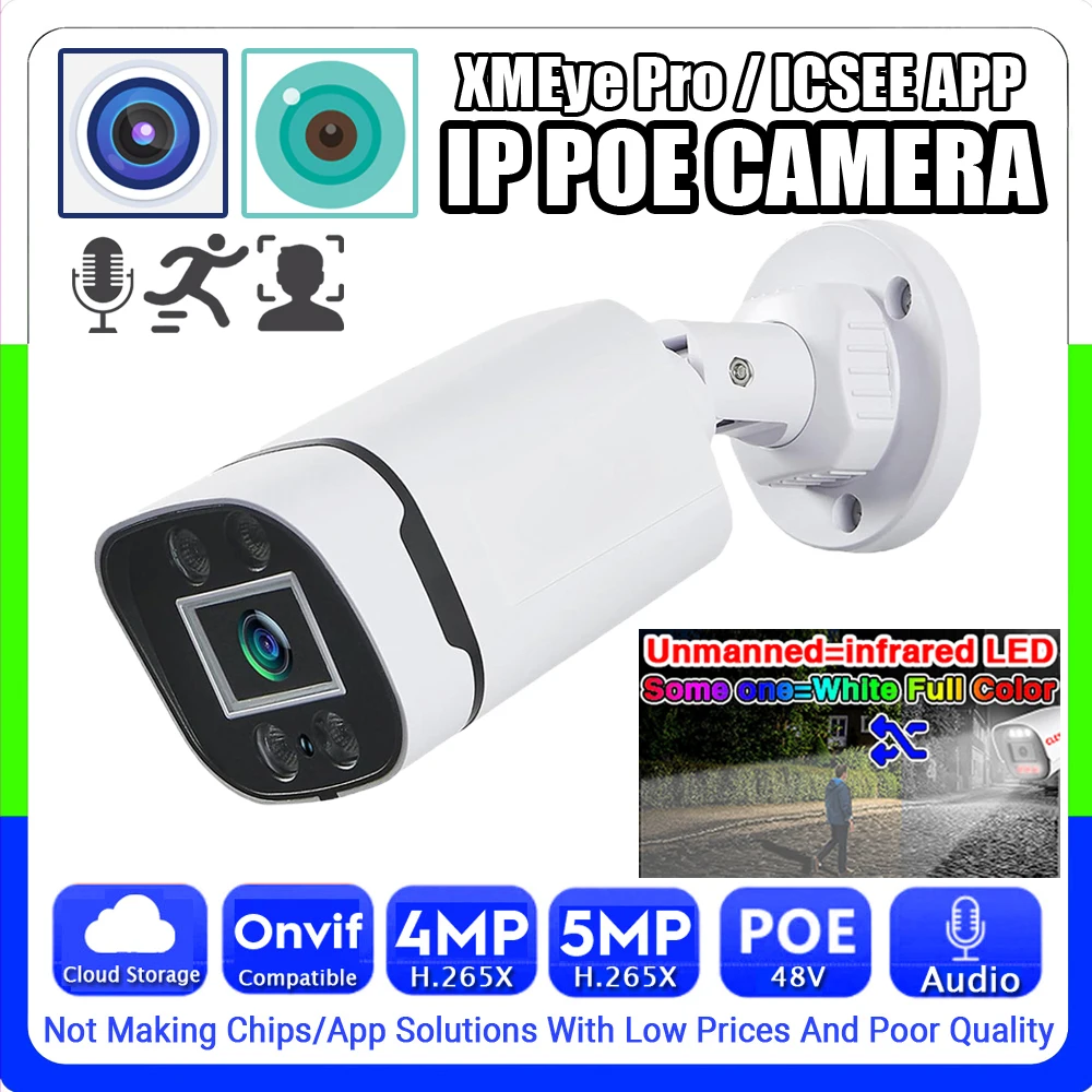 Ai Audio IP POE Camera Infrared+Full Color Dual Light RTSP 5MP 4MP H265 HD Mic Outdoor Waterproof Onvif Ai Face Detection Xmeye