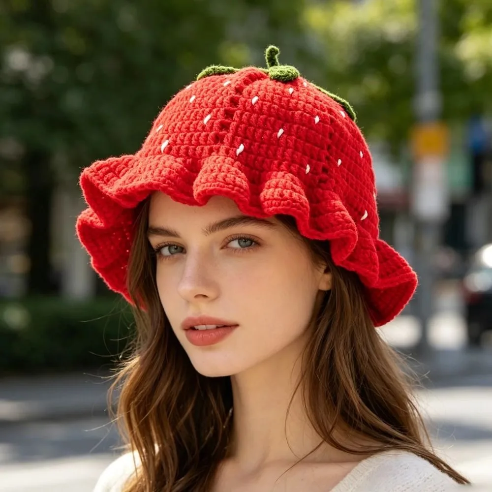 Creative Ruffle Strawberry Knitted Hat Fruit Shaped orange Knit Fisherman Hat Handmade Soft Knitted Bucket Hat Winter Autumn view 3