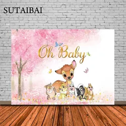 Bambi Backdrop for Baby Shower Oh Baby Deer Baby Shower Background for Girl Vinyl Woodland Animals Pink Cherry Bambi Banner