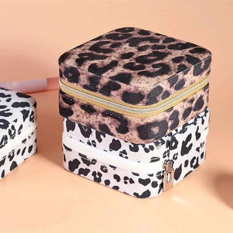 1PC Leopard Print Jewelry Box Portable Travel High-grade PU Leather Ring Necklace Bracelet Earrings Storage Zipper Organizer Box