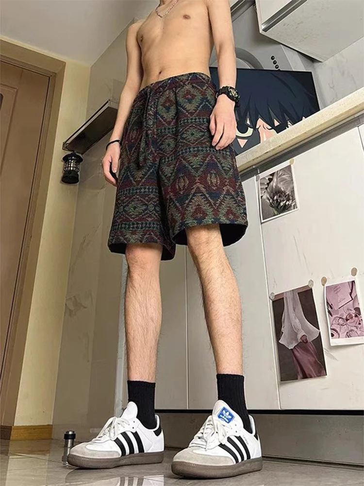 

Этнические вязаные шорты с цветочным узором для мужчин: летние, повседневные, свободного кроя, в винтажном американском стиле, дышащие, удобные, для подростков, модные