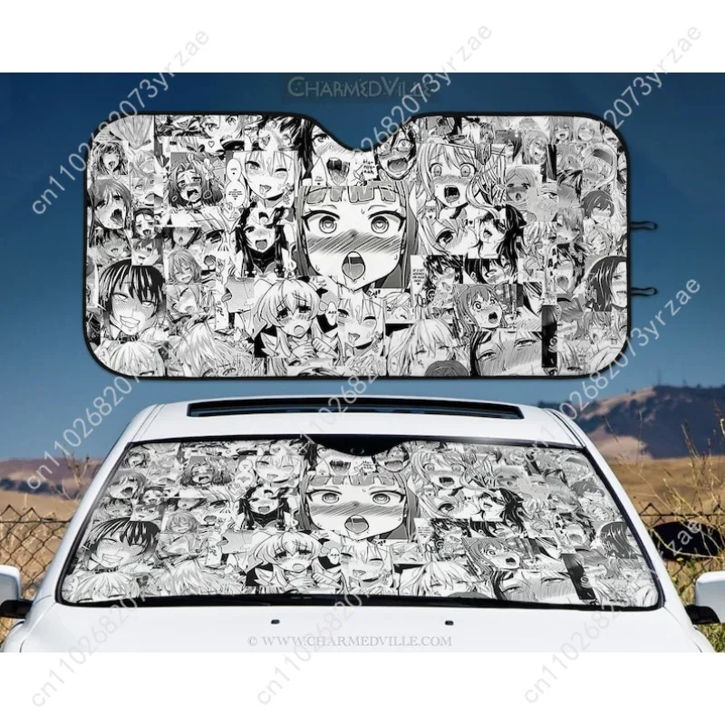 

Black White Eyes Girl Car Sun Shade Good Heat Insulation Effect Windshield Sunshade Portable Waterproof Easy Clean Car Accessory