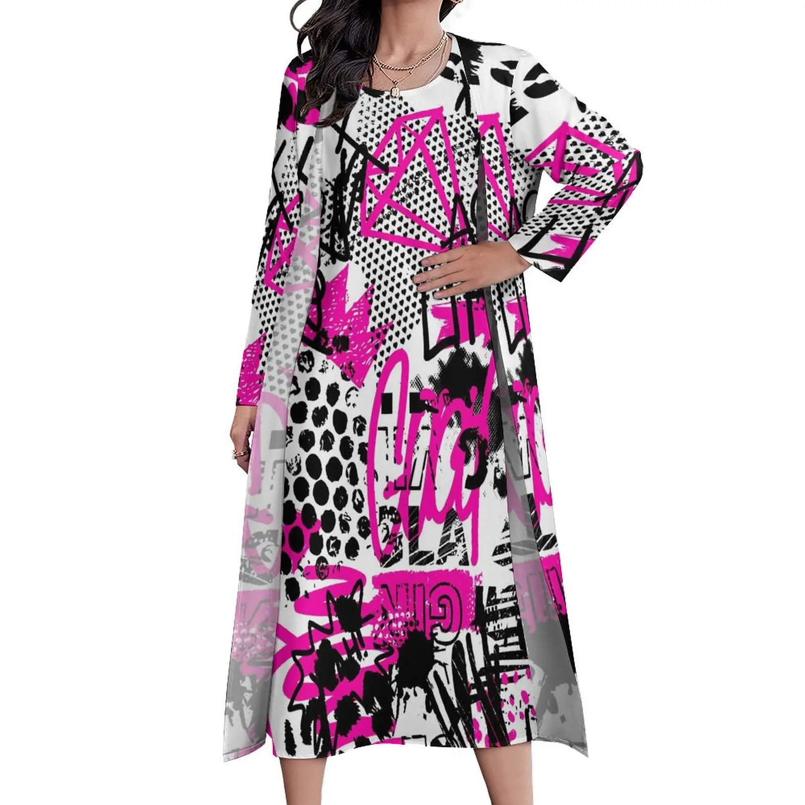 Zwart Roze Graffit Jurk Brief Print Schattige Maxi Jurk Street Fashion Boho Strand Lange Jurken Vrouwen Tweedelige Oversized Vestidos