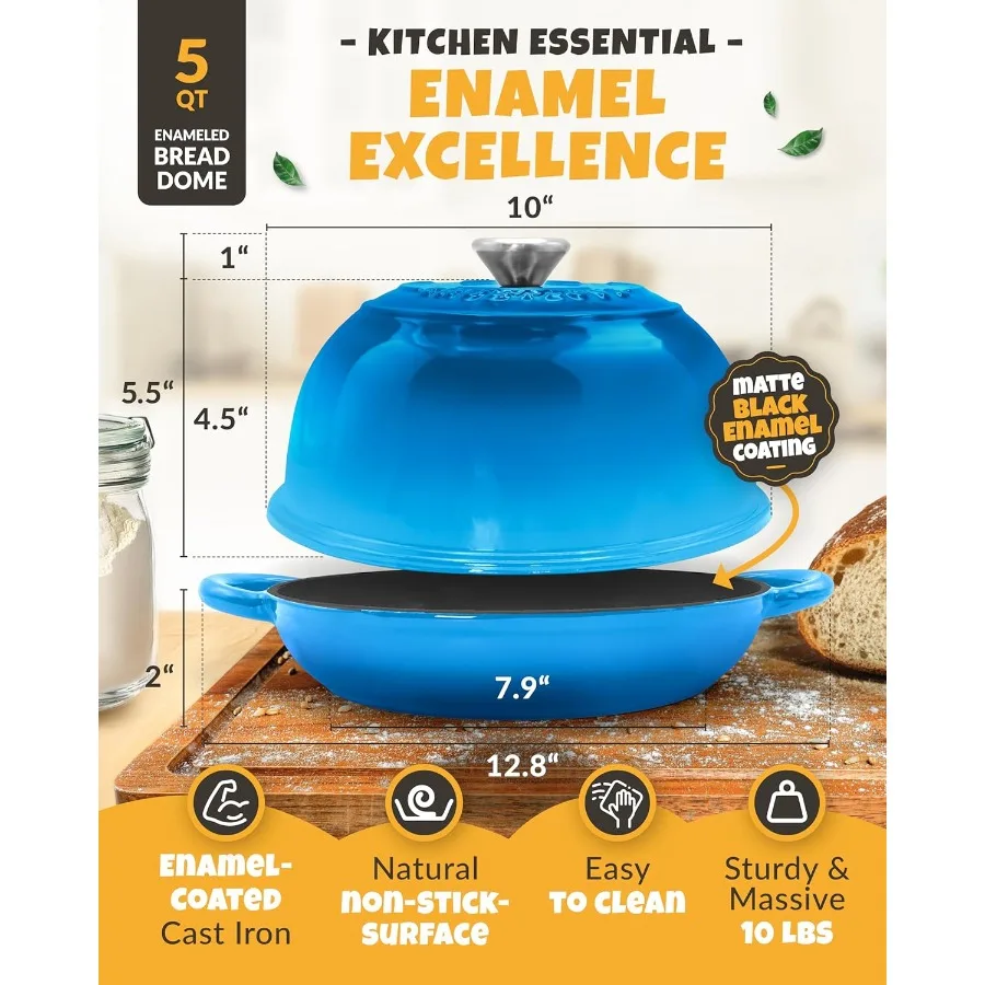 فرن هولندي خبز الخبز للمنزل الخبازين 5QT المينا BreadDome مع غطاء لصنع الخبز العجين المخمر يتضمن التهديف عرجاء والعجين #3