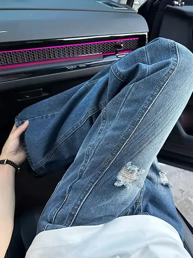 

Retro Blue Wa adient Hole Denim Jeans Men Women American High Street Spray Dyeing Straight Leg Wide Leg Bend Knife Pants