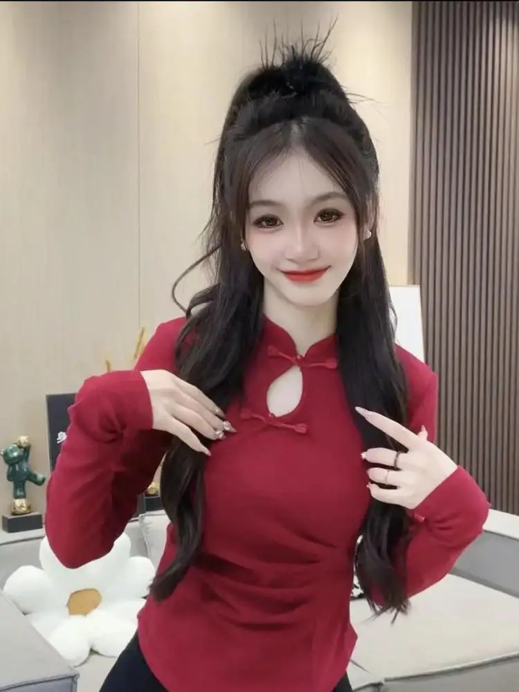 2025 Black Sexy Asian Clothes Oriental Chinese T Shirt Long Sleeve Asian Streetwear Cheongsam Top Chinese Style Clothing Women