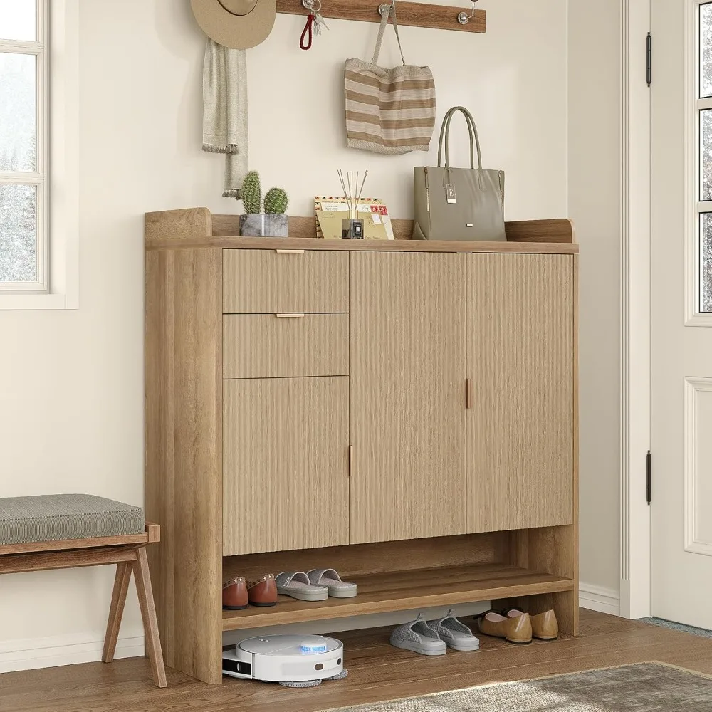 

47" Fluted Entryway Shoe Cabinet, Modern Freestanding Shoe Storage Cabinet with 2 Drawers & Adjustable Shelves, Customized