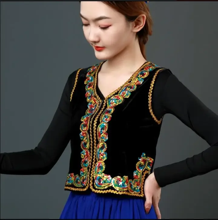 

Chinese Xinjiang Dance Sequin Vest Women's Elegant Gold Velvet Uygurs New
