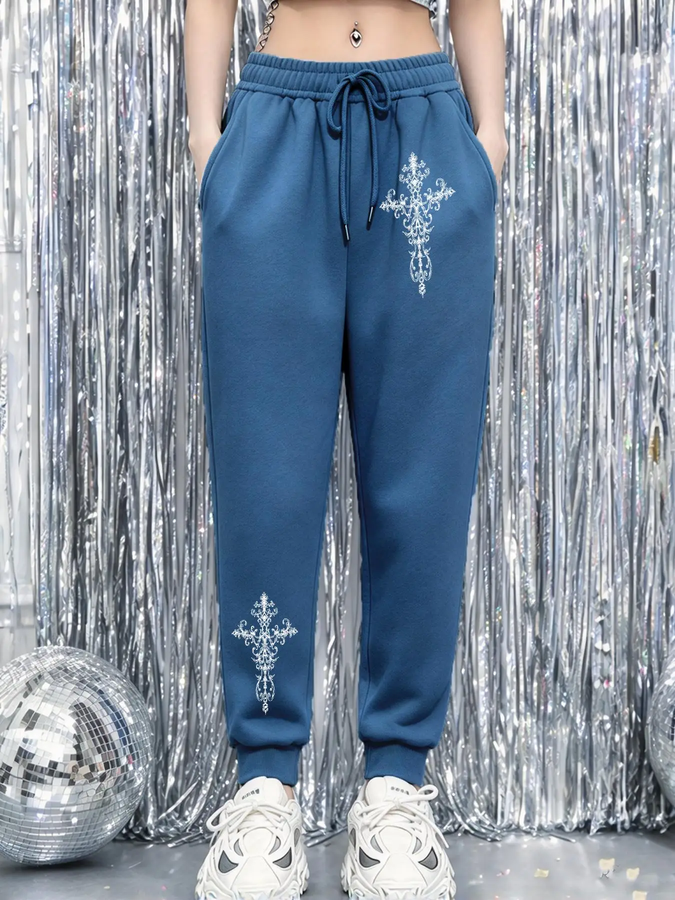 Creative Cross Printing Women'S Sweatpants Drawstring Jogging Pants Fleece Fashion Streetwear Multicolor Autumn Trousers