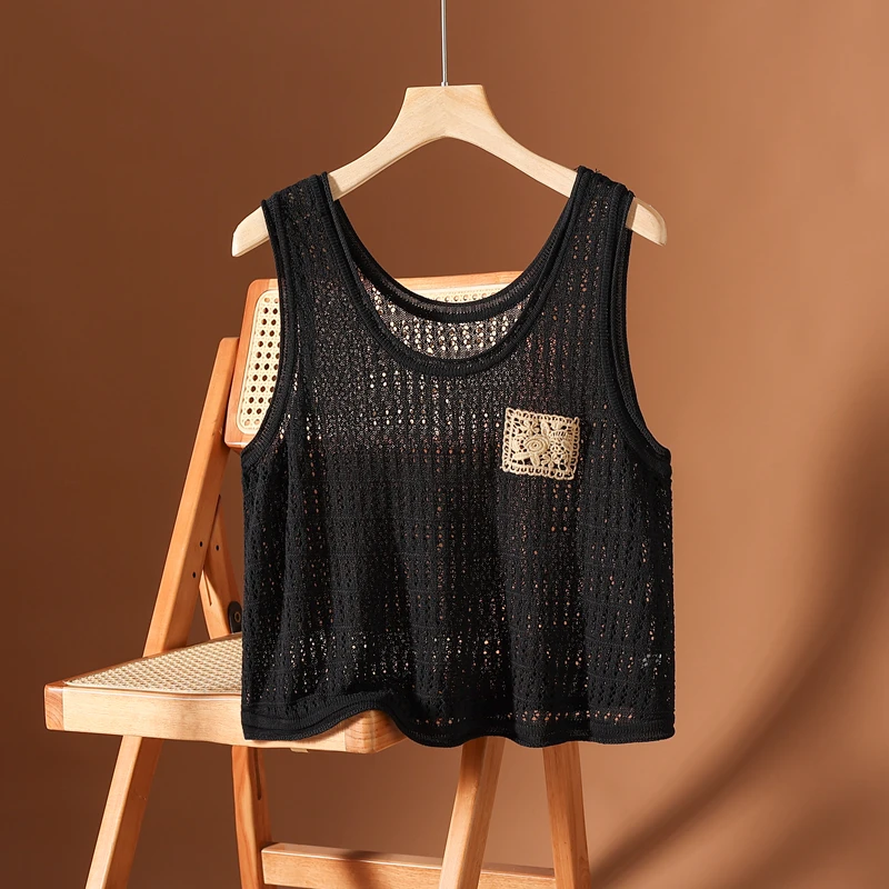 

High Quality Artistic Style Round Neck Knitted Camisole Vest, Women's Summer Loose Hollow Out Thin Style Outerwear Vest